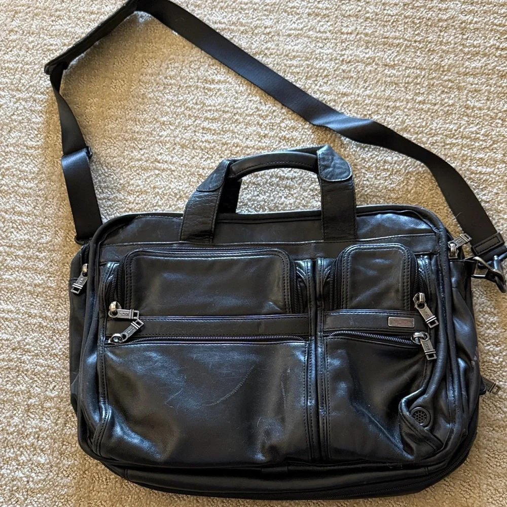 Tumi Refurbished Black Leather Messenger Bag